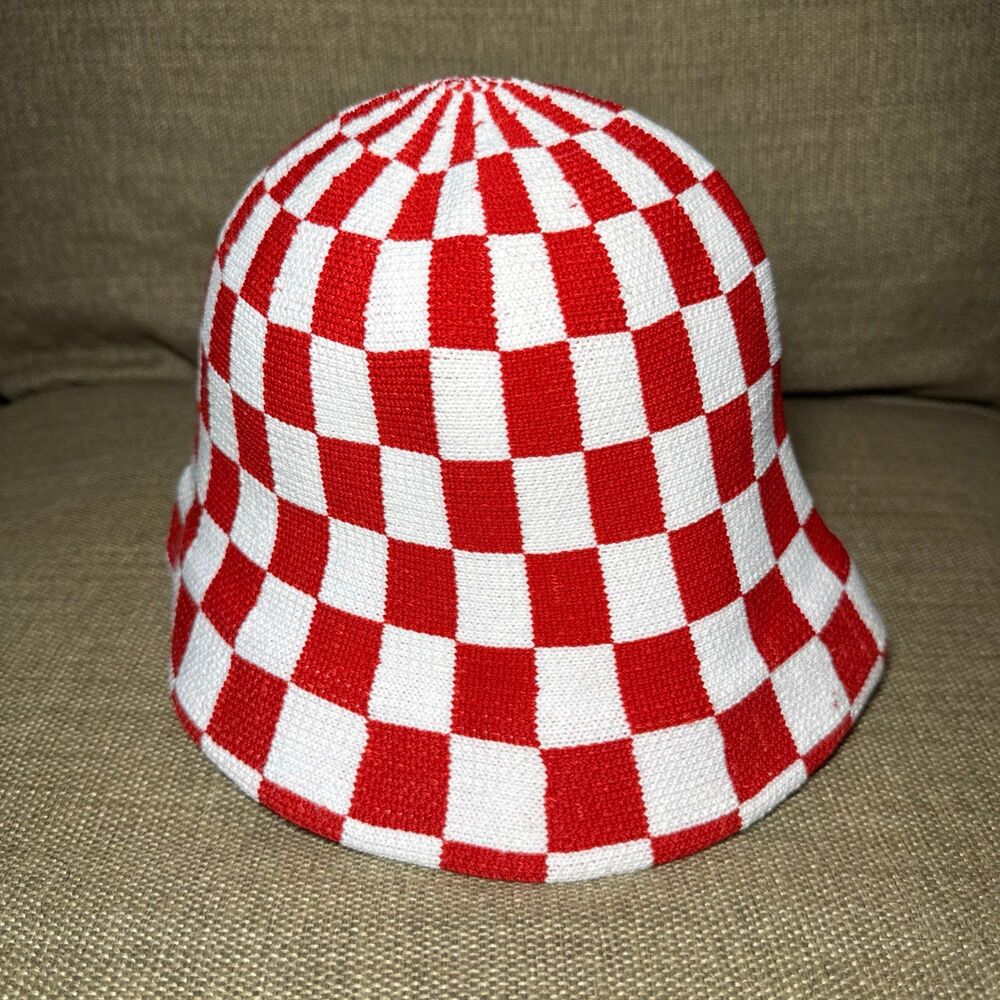 Red  and white checkered crochet bucket hat